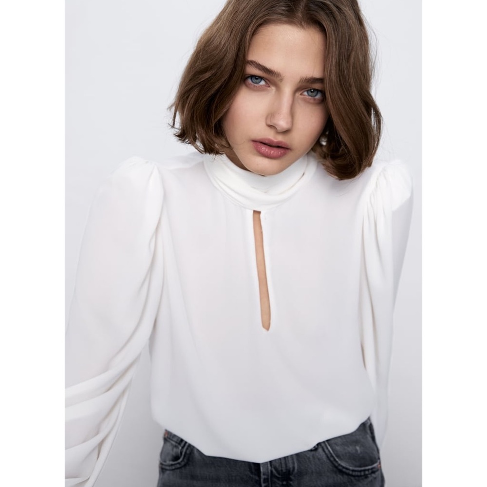 ZARA | Beaded Blouse with Tie in Ecru